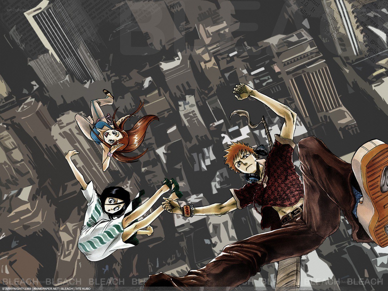 Bleach characters falling through city