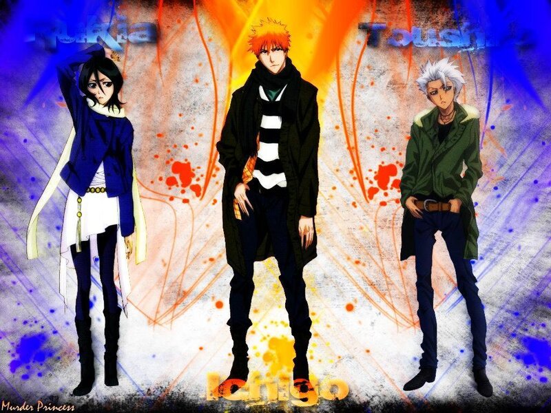 Bleach characters Ichigo, Rukia, and Toushir