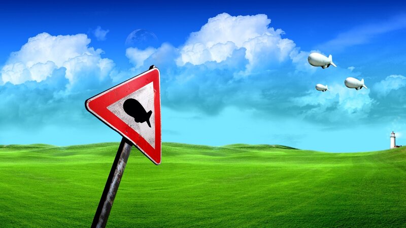 Blimp Warning Sign — Green, Serene, Afternoon