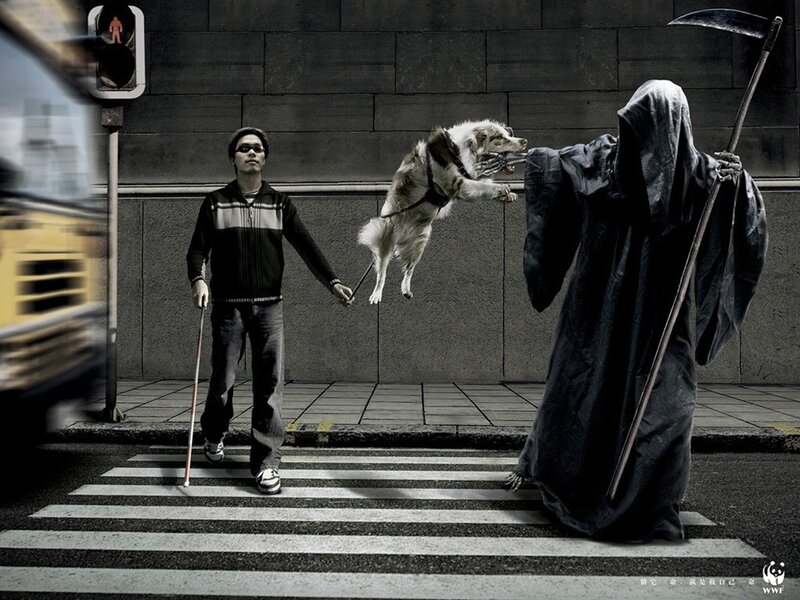 Blind man with guide dog and grim reaper