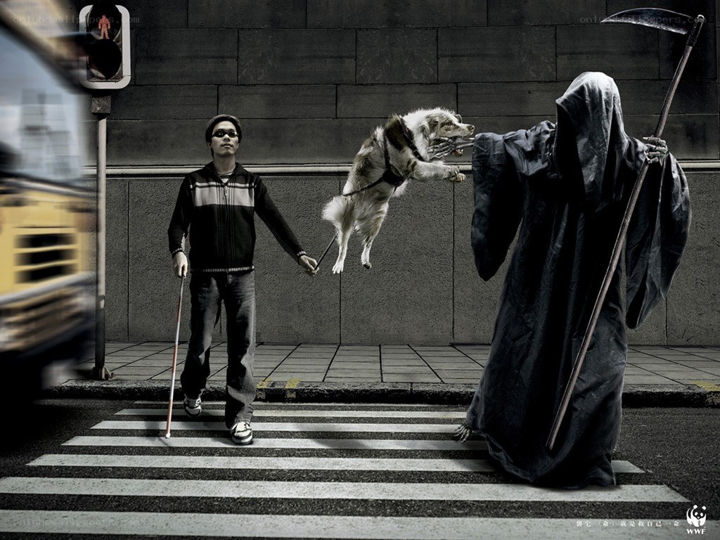 Blind man with guide dog and grim reaper