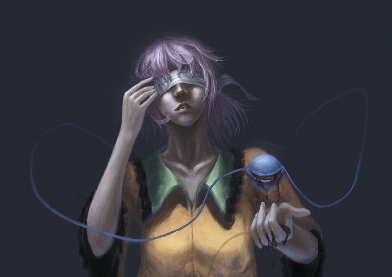 blindfolded figure with mechanical eye