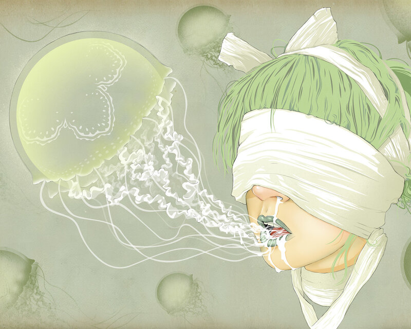 blindfolded girl with jellyfish