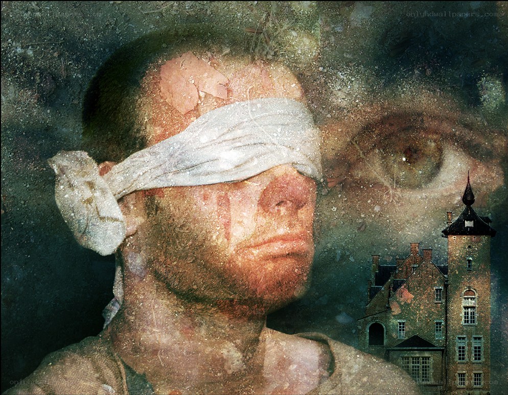 blindfolded man with castle