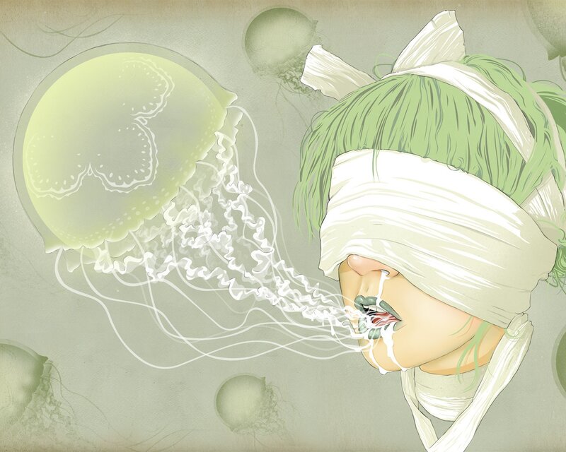 Blindfolded Person with Jellyfish — Green, Eerie