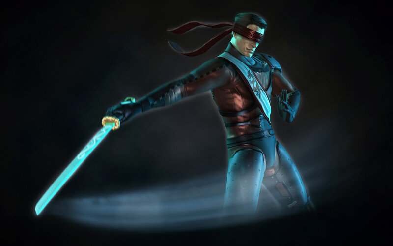 Blindfolded warrior with glowing sword