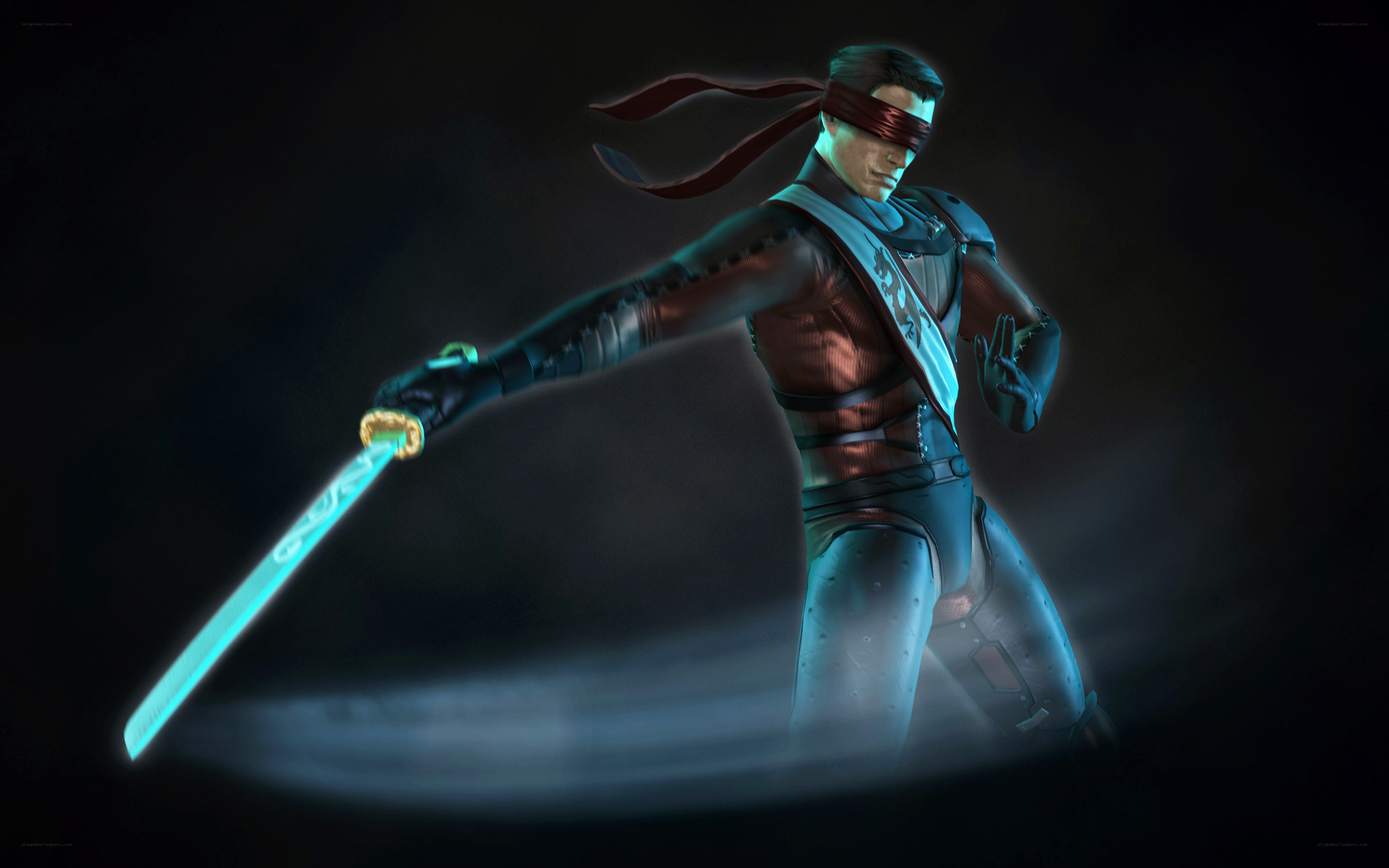 Blindfolded warrior with glowing sword