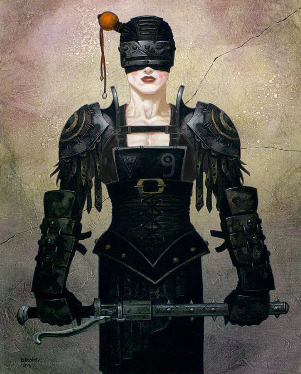 Blindfolded warrior with weapon