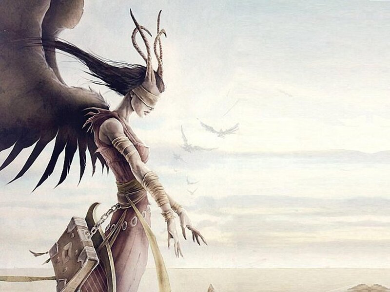 Blindfolded warrior with wings