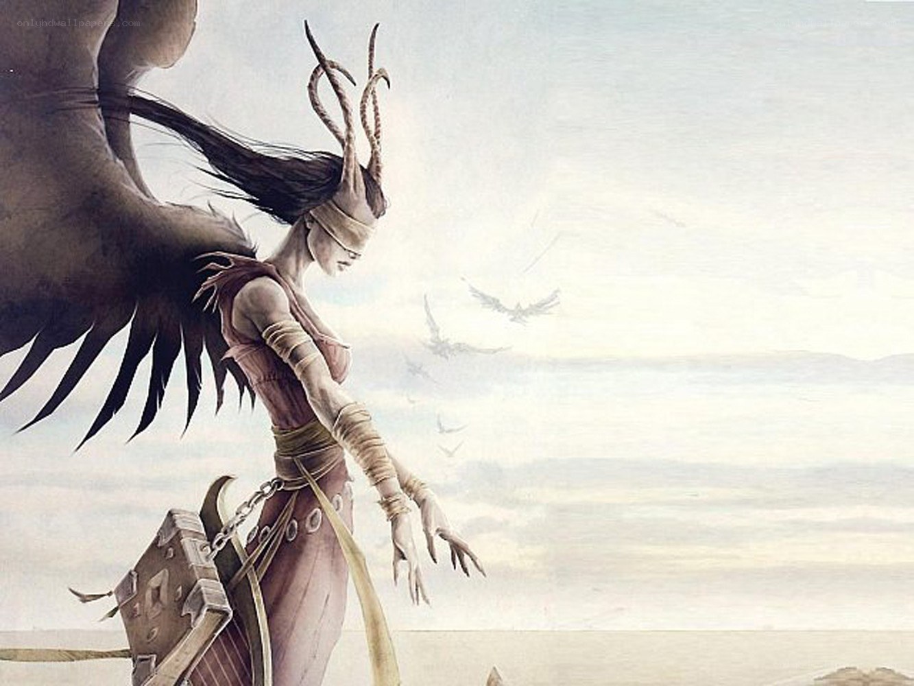 Blindfolded warrior with wings
