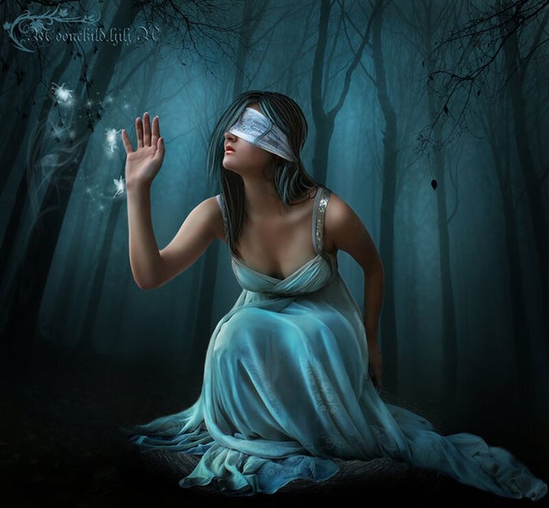 Blindfolded Woman in Forest — Blue, Mystical