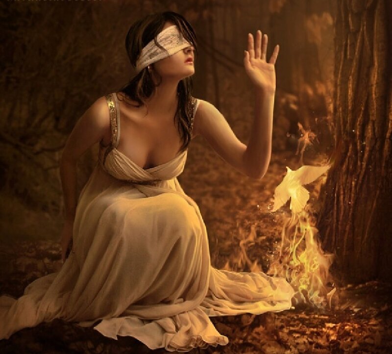 Blindfolded Woman in Forest — Brown
