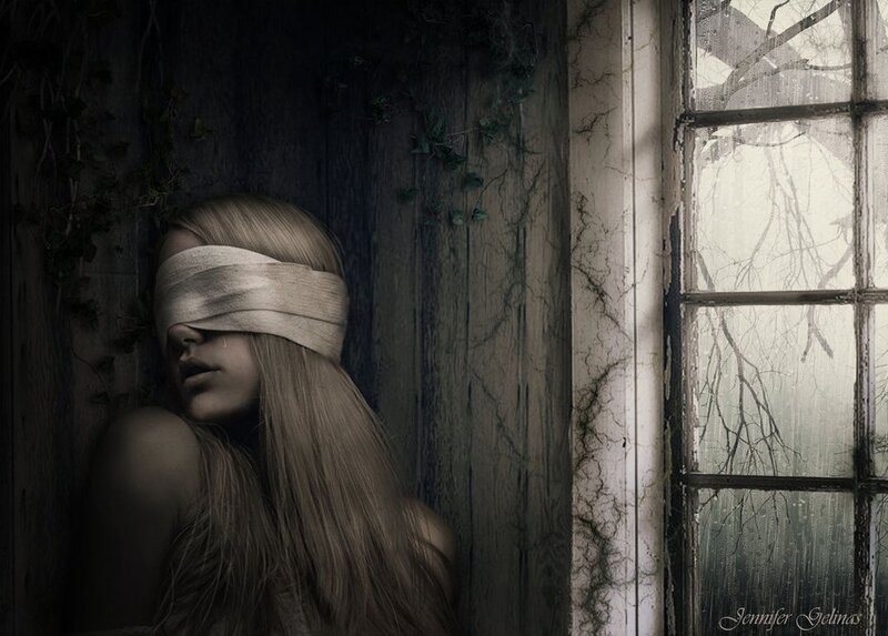 Blindfolded Woman in Room — Gray