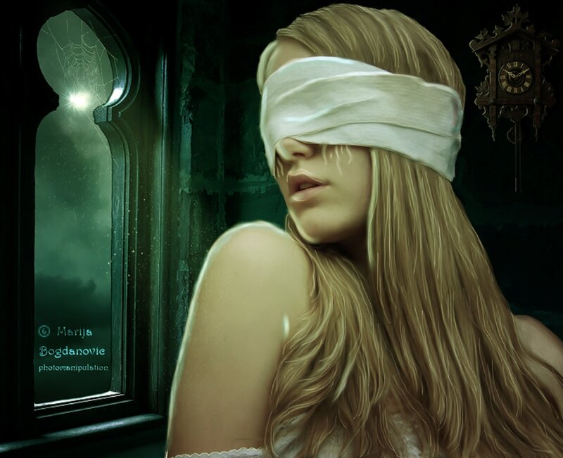 Blindfolded Woman in Room — Green