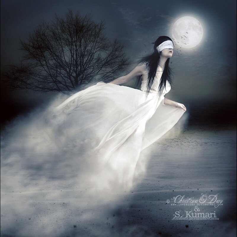 Blindfolded Woman in White Dress — Dramatic