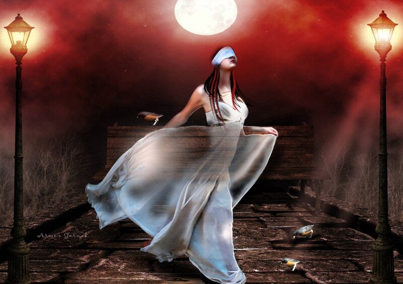 Blindfolded Woman in White Dress