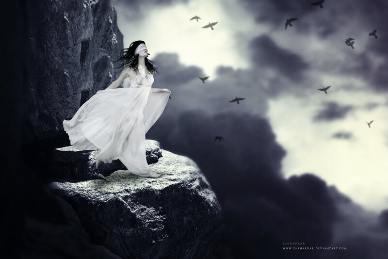 Blindfolded Woman on Cliff