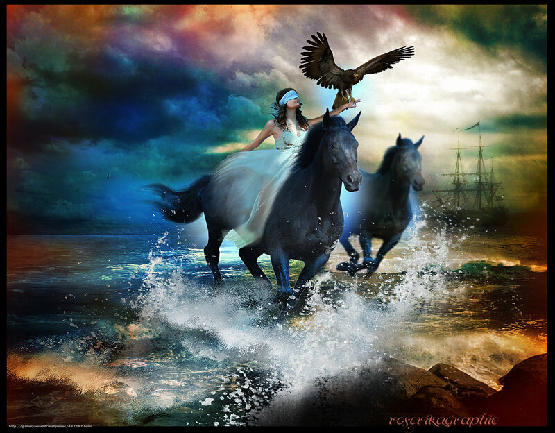 Blindfolded woman on horse