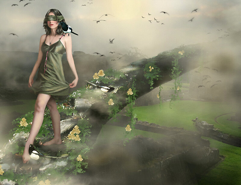 Blindfolded woman with birds