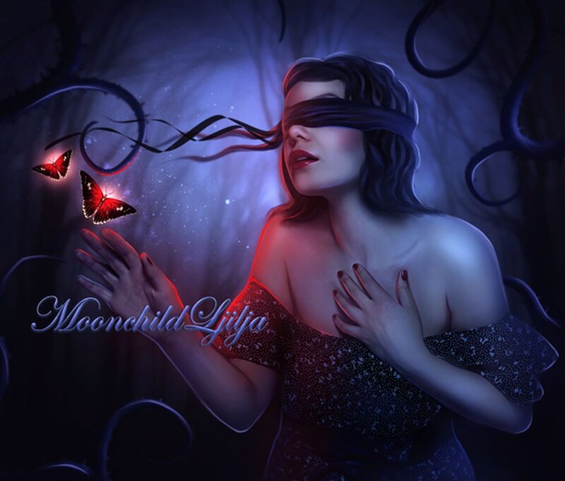 Blindfolded Woman with Butterflies — Blue