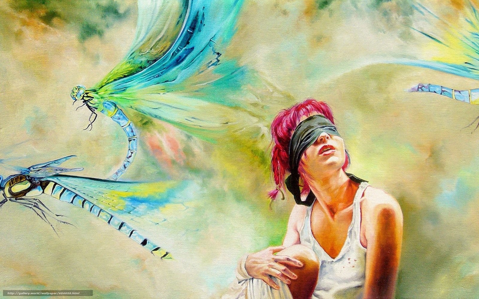 blindfolded woman with dragonflies