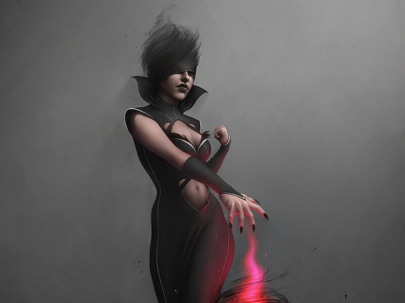 blindfolded woman with red energy