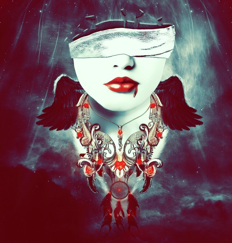 blindfolded woman with wings