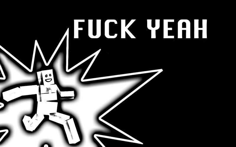 blocky character with text