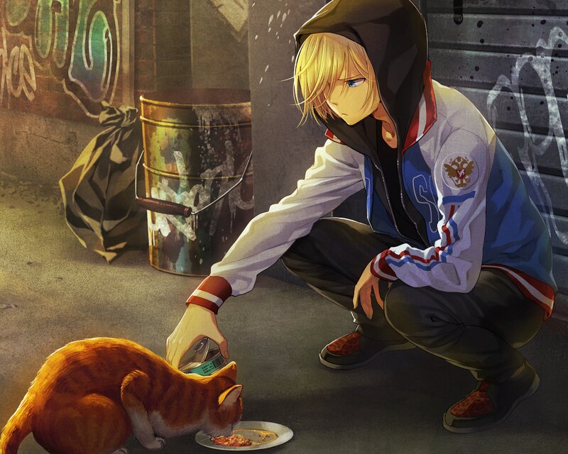 Blond Boy Feeding Cat