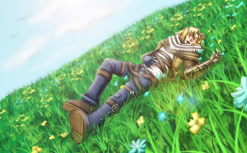 Blond Character Lying in Grass