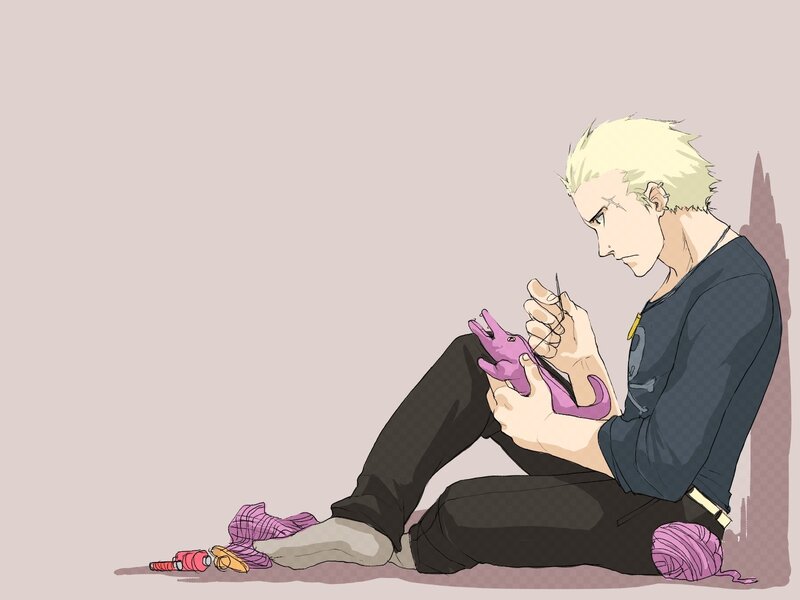 Blond Man Knitting