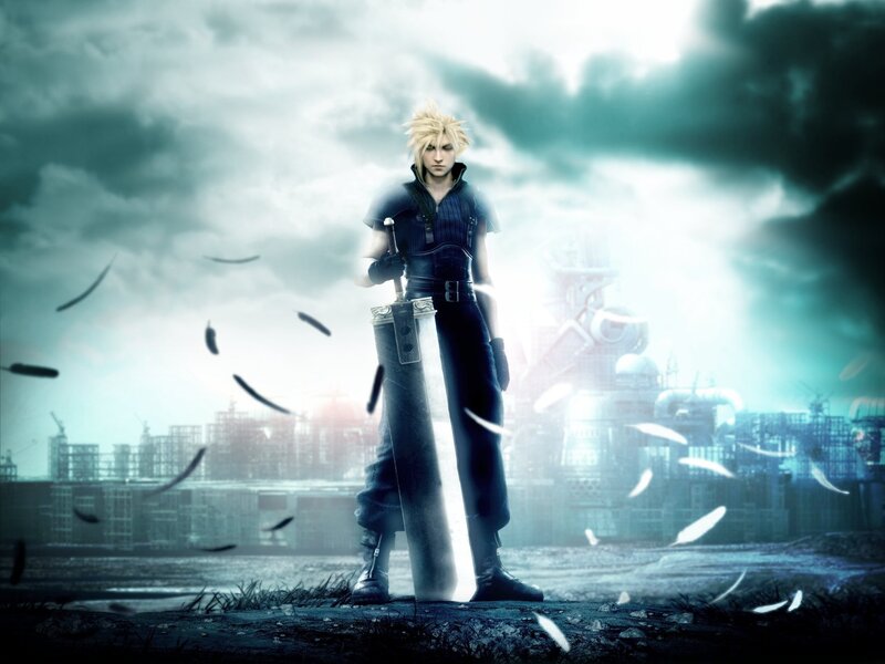 Blond Man with Sword — Blue, Dramatic, Digital Art, City Ruins, Feathers