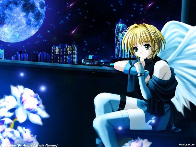 Blonde Angel Girl — Blue, Serene, Night, Anime, City Skyline