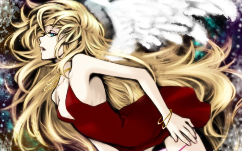 blonde angel in red dress