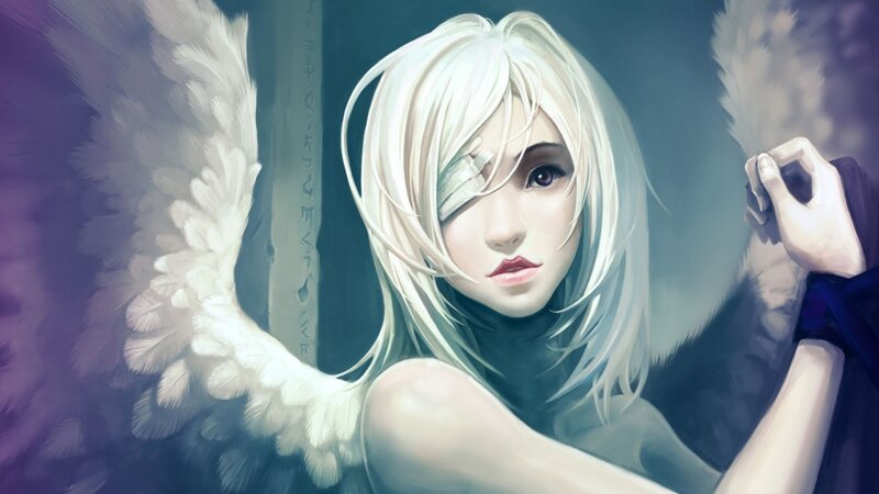 Blonde Angel with Wings — White, Dramatic, Digital Art, Bandage