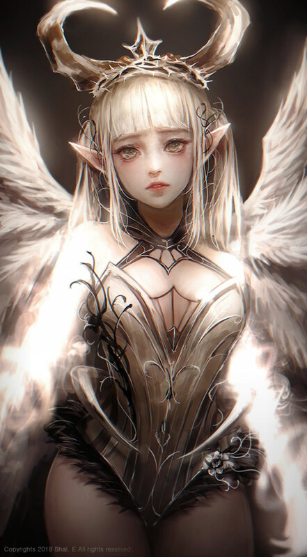 Blonde Angel with Wings — White, Dramatic, Digital Art, Horns