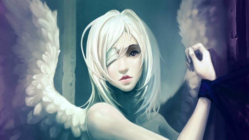 Blonde Angel with Wings — White, Dramatic, Digital Art