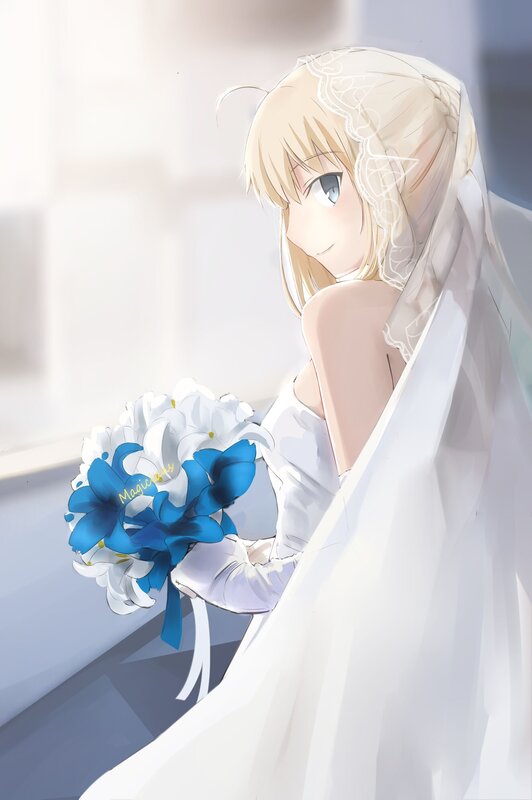 Blonde Anime Bride — White, Serene, Morning, Veil, Bouquet, Gloves