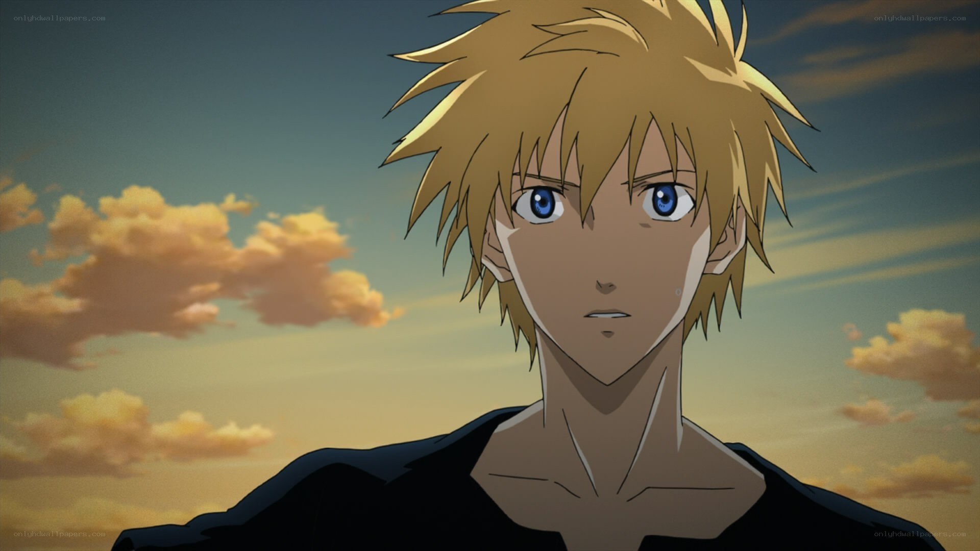 blonde anime character at sunset