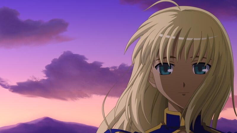 blonde anime character at sunset