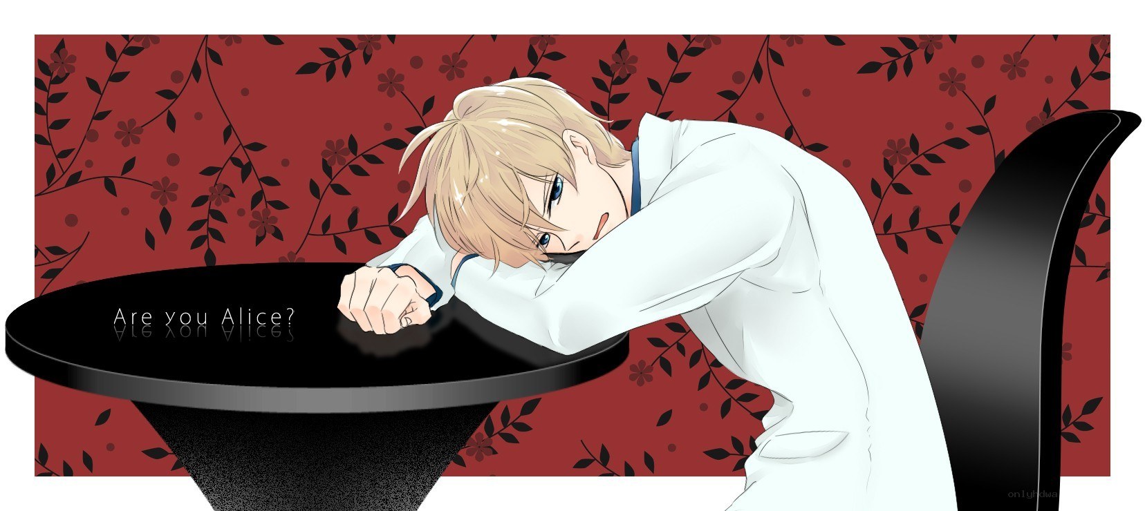 blonde anime character at table