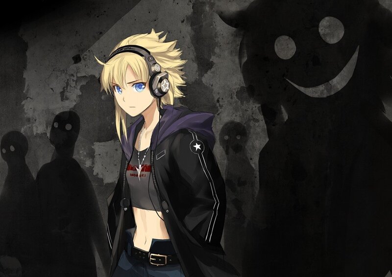 Blonde Anime Character — Black, Dark, Mysterious, Headphones
