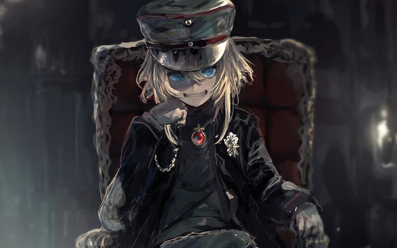 Blonde Anime Character — Black, Dramatic, Digital Art, Chair