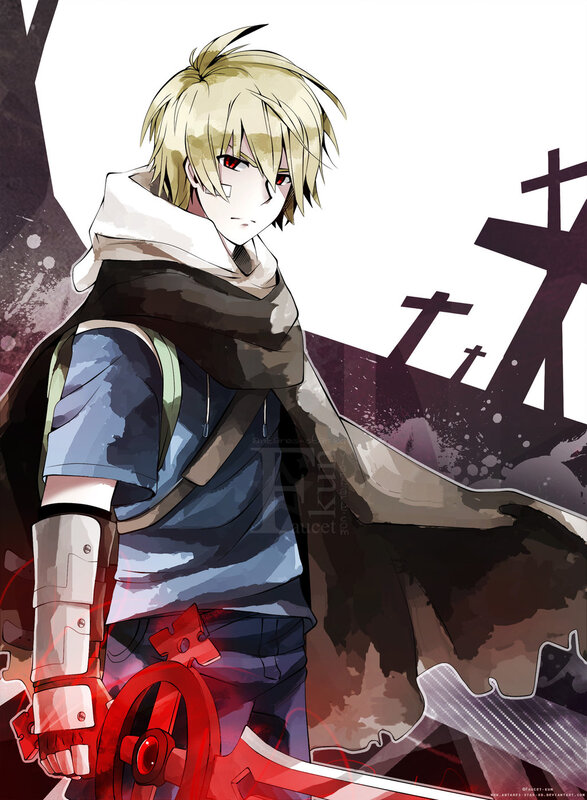 Blonde Anime Character — Black, Dramatic, Sword, Crosses