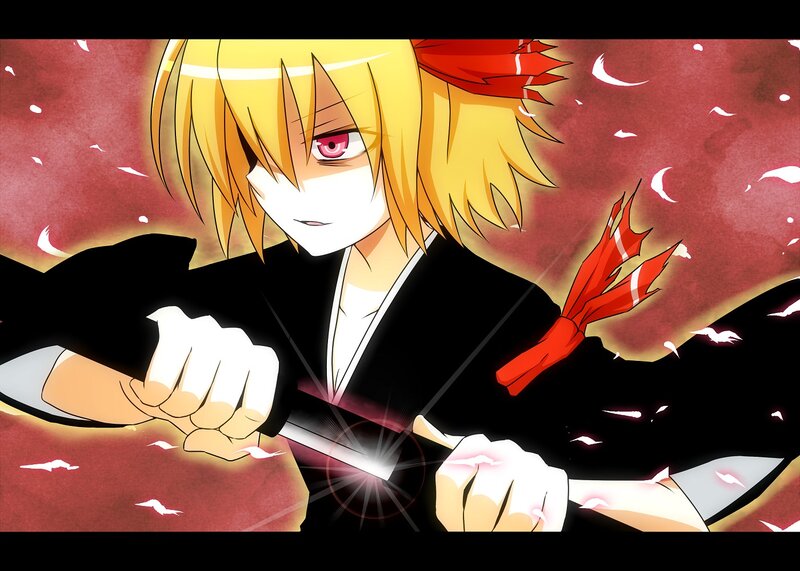 Blonde Anime Character — Black, Dramatic, Sword, Red Scarf
