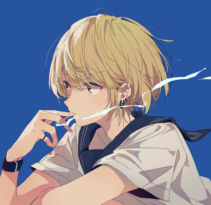 Blonde Anime Character — Blue, Calm, Cigarette