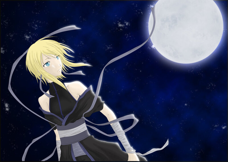 Blonde Anime Character — Blue, Dramatic, Night, Moon, Stars