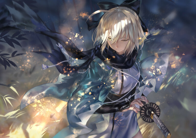 Blonde Anime Character — Blue, Dramatic, Night, Sword, Scarf