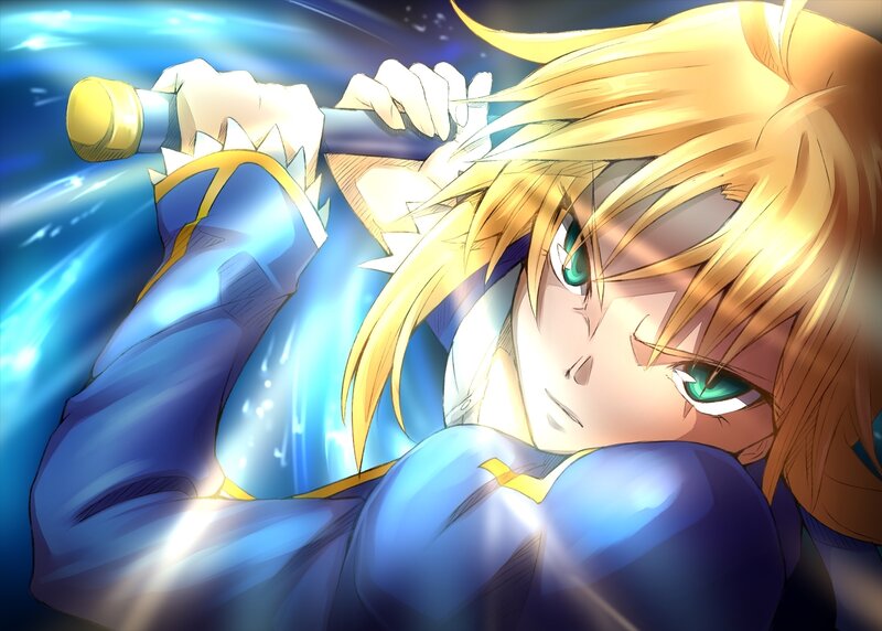 Blonde Anime Character — Blue, Dramatic, Sword, Blue Armor, Green Eyes