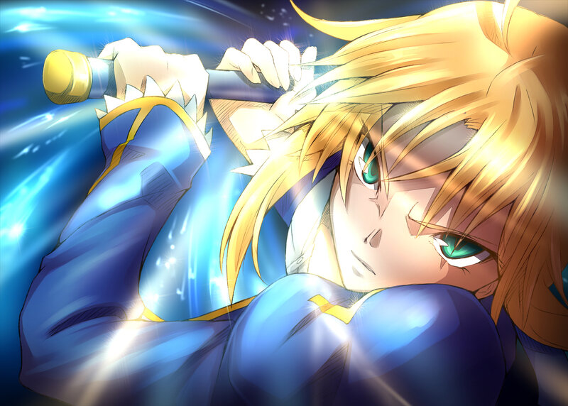 Blonde Anime Character — Blue, Dramatic, Sword, Blue Armor